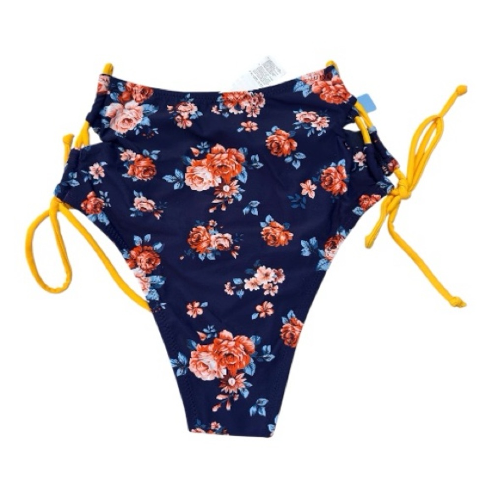 Cupshe Navy Floral Highwaist Bikini Bottom with Yellow Accents